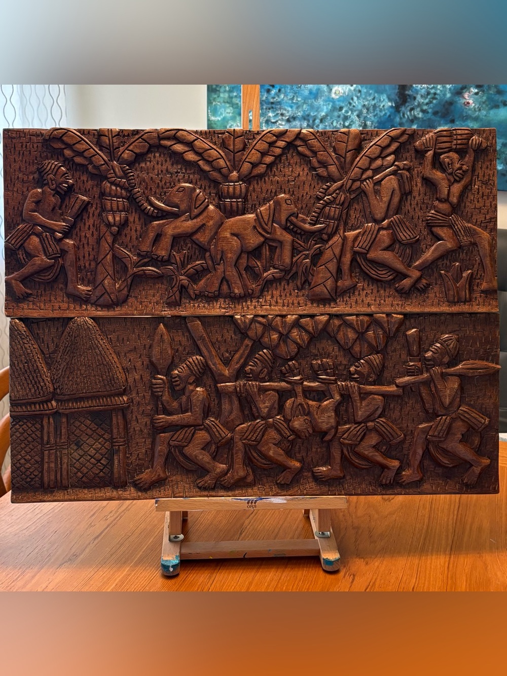 Vintage 1970s African Hand-Carved Wood Wall Art Panels - Set of 2